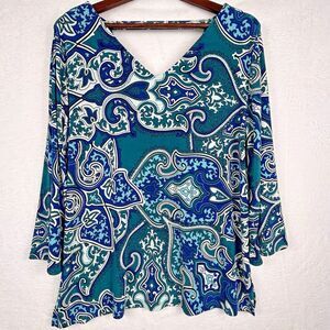 Chico's Travelers Teal Floral Paisley V-neck Tunic Top Stretch‎ Packable 2 12/14